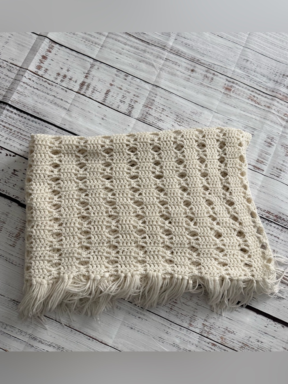 Cottagecore Boho Handmade Ivory Crochet Fringe Throw Blanket Afghan 40x56